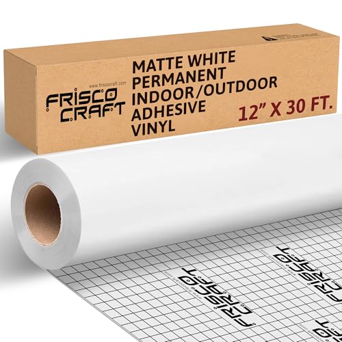 Frisco Craft لفة فينيل دائمة بيضاء غير لامعة من فريسكو كرافت - فينيل خارجي دائم، مقاوم للماء والطقس مع دعم سيليكوني - لاصق أبيض (12" × 30 قدم) - Image 1