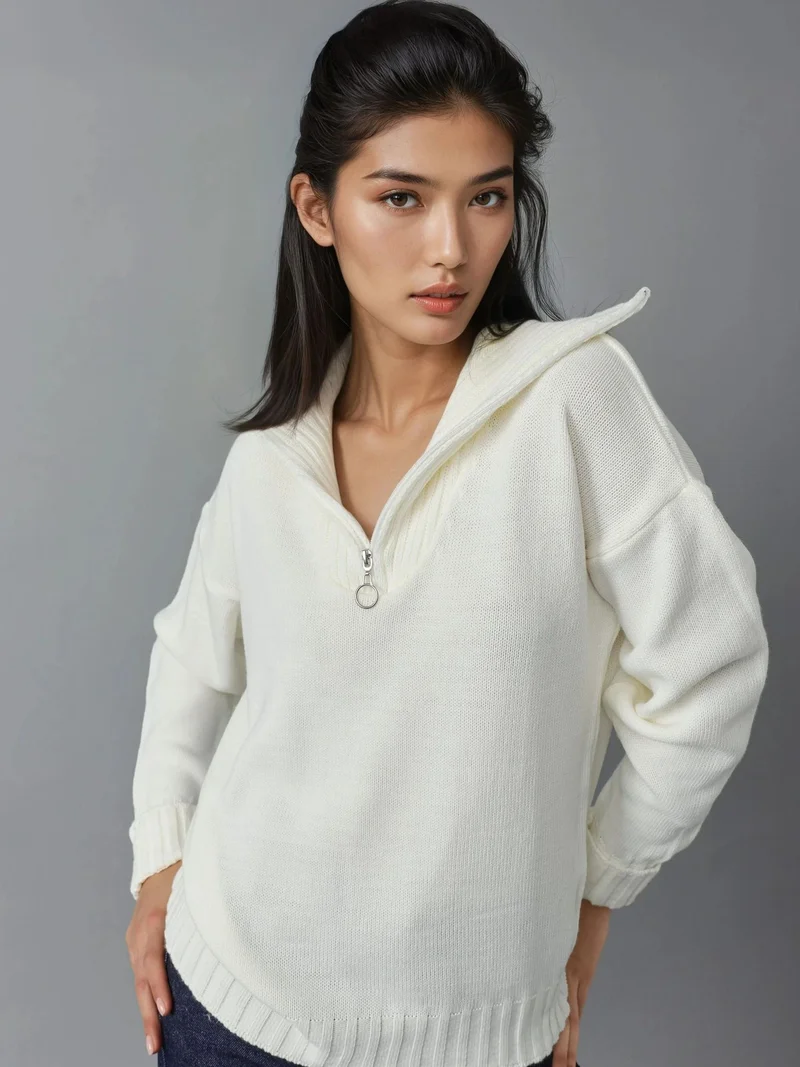 MY FASHION MY FASHION Oversized Ribbed Knit Sweater with Zipper Collar