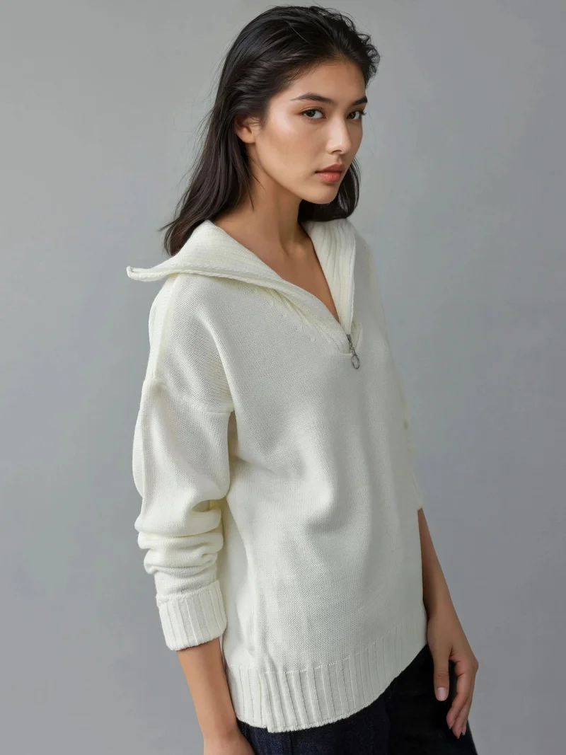 MY FASHION MY FASHION Oversized Ribbed Knit Sweater with Zipper Collar