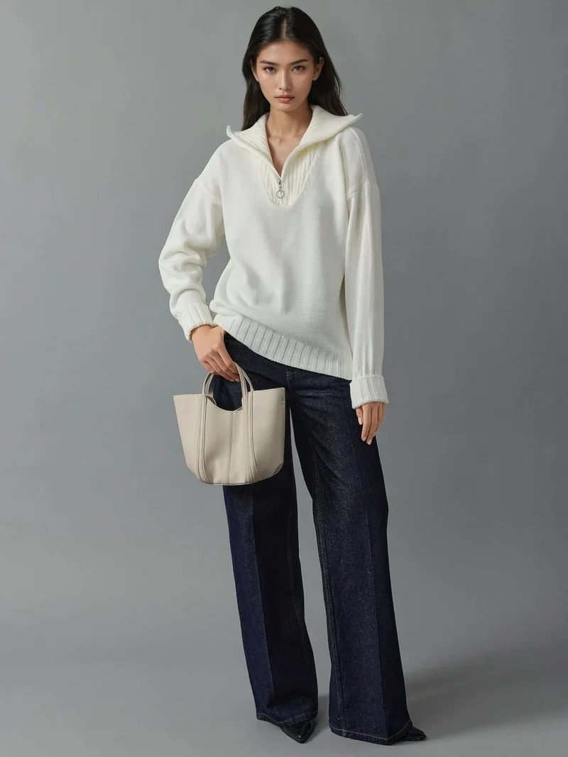 My Fashion White MY FASHION Oversized Ribbed Knit Sweater with Zipper Collar for Women | Best Price UAE