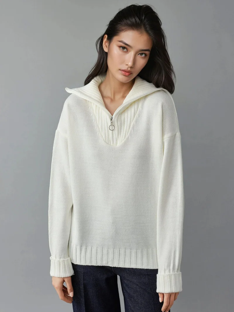 My Fashion White MY FASHION Oversized Ribbed Knit Sweater with Zipper Collar for Women | Best Price UAE