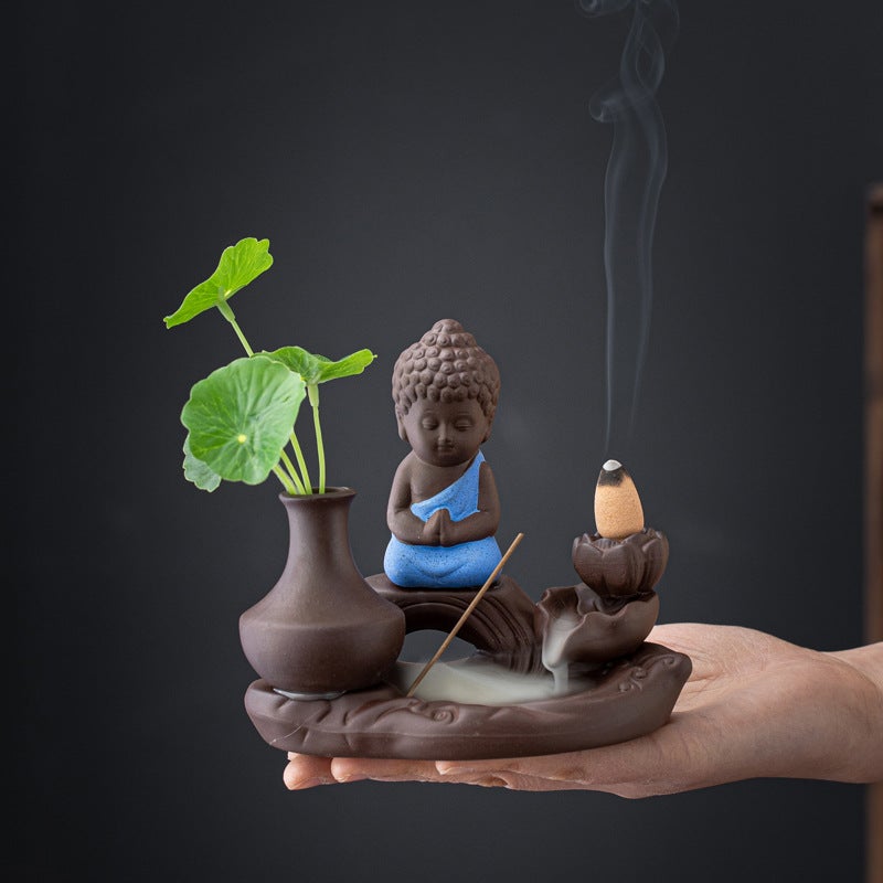 New Backflow Incense Burner Tea Pet Ornaments Creative Sea View Purple Sand Mountain Flowing Water Small Monk Ceramic Home Ornaments - Image 2