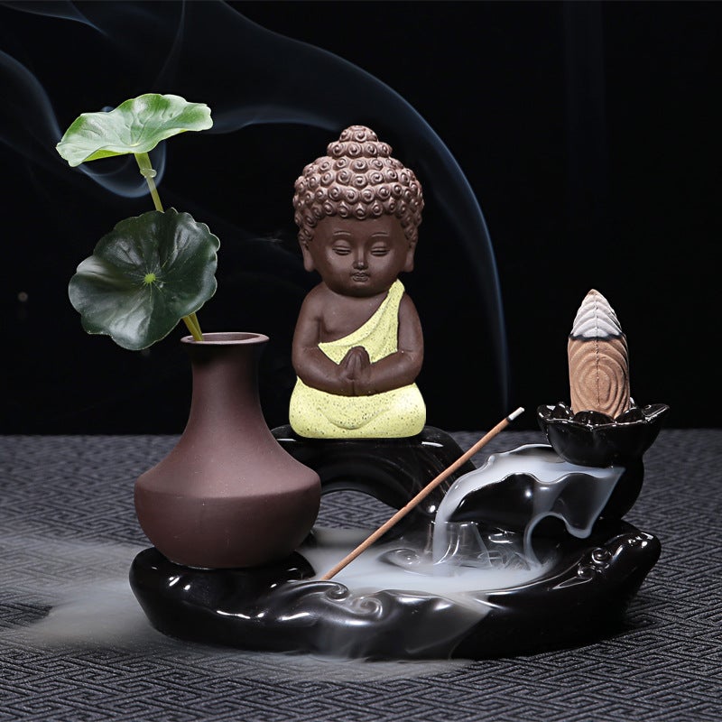 New Backflow Incense Burner Tea Pet Ornaments Creative Sea View Purple Sand Mountain Flowing Water Small Monk Ceramic Home Ornaments - Image 4