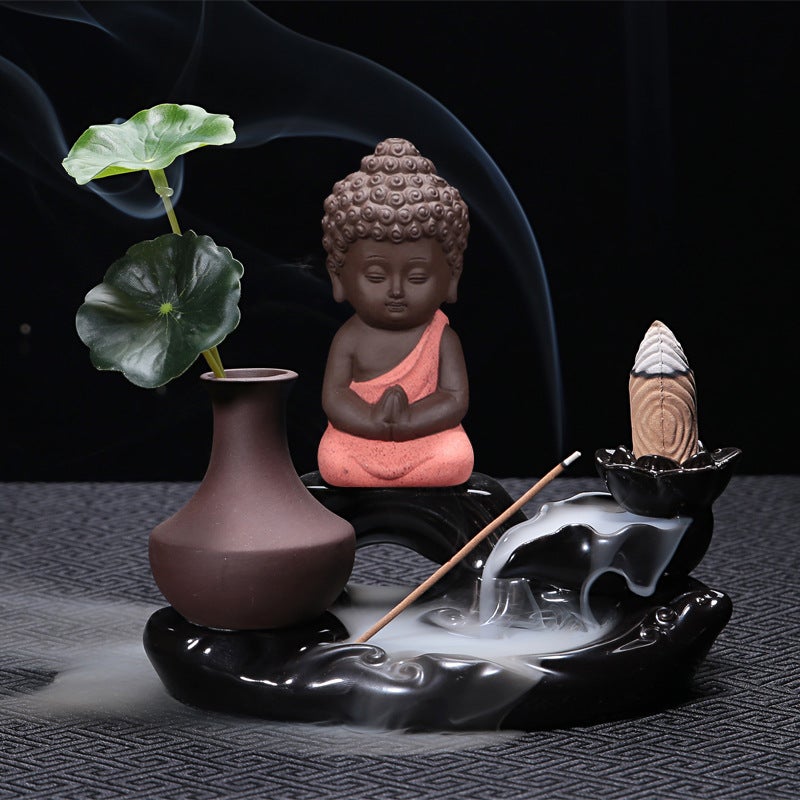 New Backflow Incense Burner Tea Pet Ornaments Creative Sea View Purple Sand Mountain Flowing Water Small Monk Ceramic Home Ornaments - Image 3