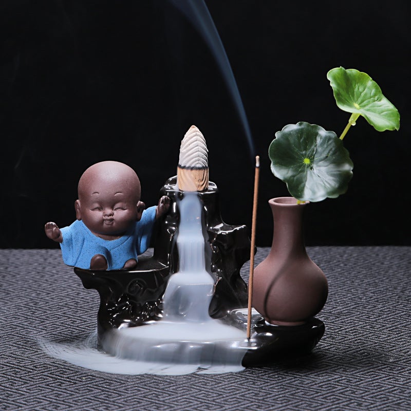 New Backflow Incense Burner Tea Pet Ornaments Creative Sea View Purple Sand Mountain Flowing Water Small Monk Ceramic Home Ornaments - Image 5