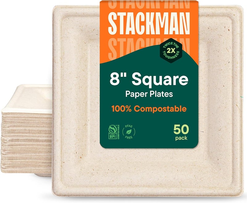 Stack Man 100% Compostable Square Paper Plates [50-Pack] - {PFAS-Free} - {BPI Certified} - [8 Inch] Heavy Duty, Eco-Friendly, Biodegradable Bagasse Dinner Plates - Natural Brown 8" Square Plate by - Image 1