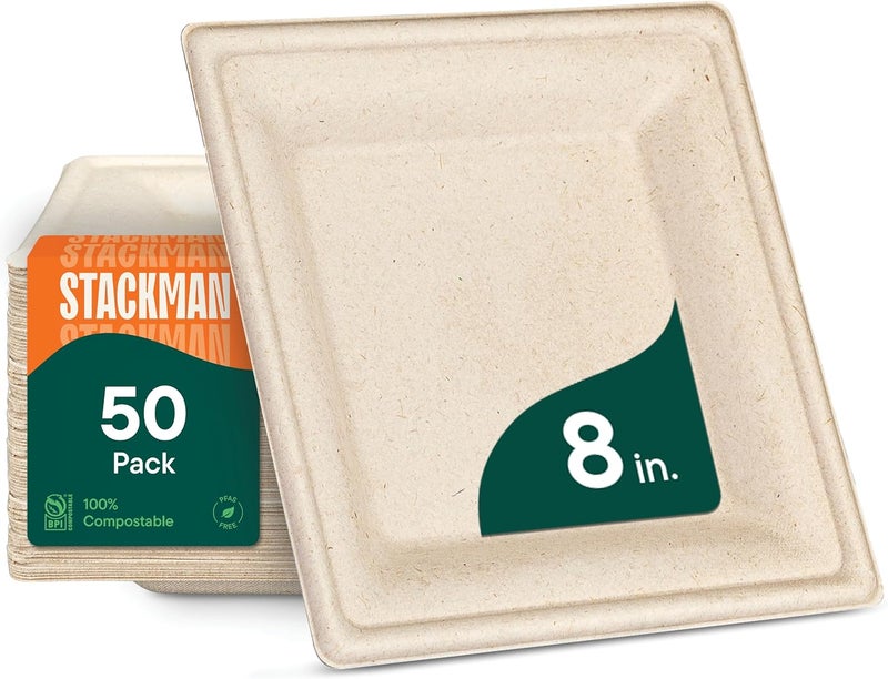 Stack Man 100% Compostable Square Paper Plates [50-Pack] - {PFAS-Free} - {BPI Certified} - [8 Inch] Heavy Duty, Eco-Friendly, Biodegradable Bagasse Dinner Plates - Natural Brown 8" Square Plate by - Image 2