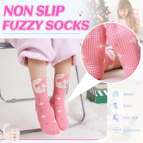 Eyean Kids Fuzzy Socks Non Slip Soft Fluffy Slipper Grips Socks Warm Plush Cozy Cabin Boy Girls Crew Socks 6 Pairs (Cartoon, 4-7 Years) - Image 3