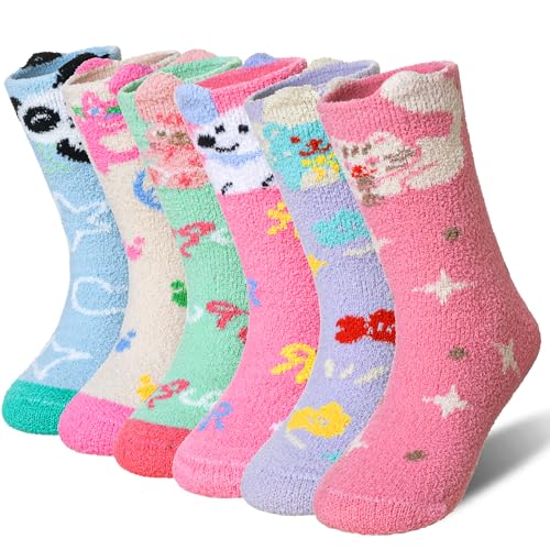 Eyean Kids Fuzzy Socks Non Slip Soft Fluffy Slipper Grips Socks Warm Plush Cozy Cabin Boy Girls Crew Socks 6 Pairs (Cartoon, 4-7 Years) - Image 1
