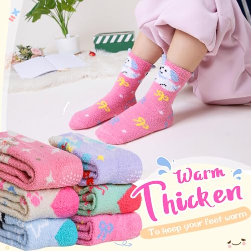 Eyean Kids Fuzzy Socks Non Slip Soft Fluffy Slipper Grips Socks Warm Plush Cozy Cabin Boy Girls Crew Socks 6 Pairs (Cartoon, 4-7 Years) - Image 2