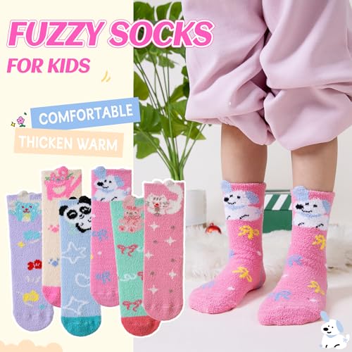 Eyean Kids Fuzzy Socks Non Slip Soft Fluffy Slipper Grips Socks Warm Plush Cozy Cabin Boy Girls Crew Socks 6 Pairs (Cartoon, 4-7 Years) - Image 5