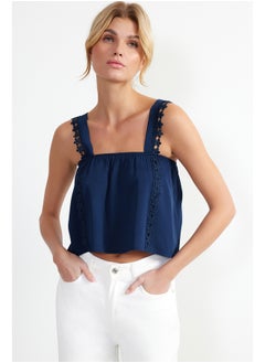 Navy Blue Lace Detailed Crinkle Woven Blouse TWOSS24BZ00024