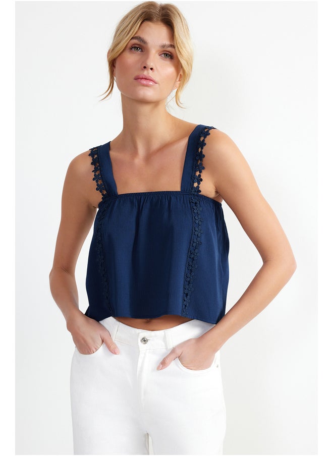 trendyol - Navy Blue Lace Detailed Crinkle Woven Blouse TWOSS24BZ00024 - Image 1
