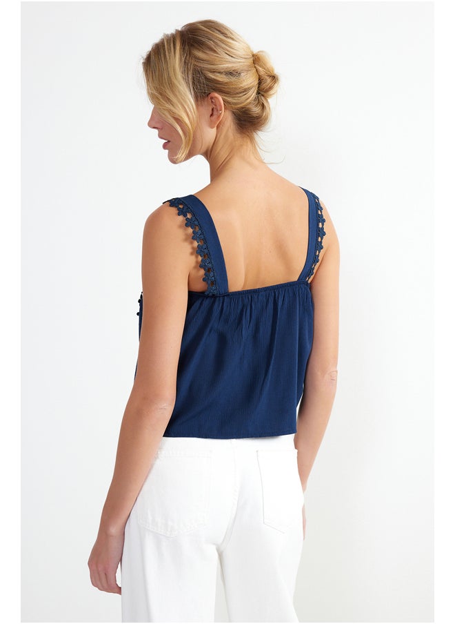 trendyol - Navy Blue Lace Detailed Crinkle Woven Blouse TWOSS24BZ00024 - Image 1