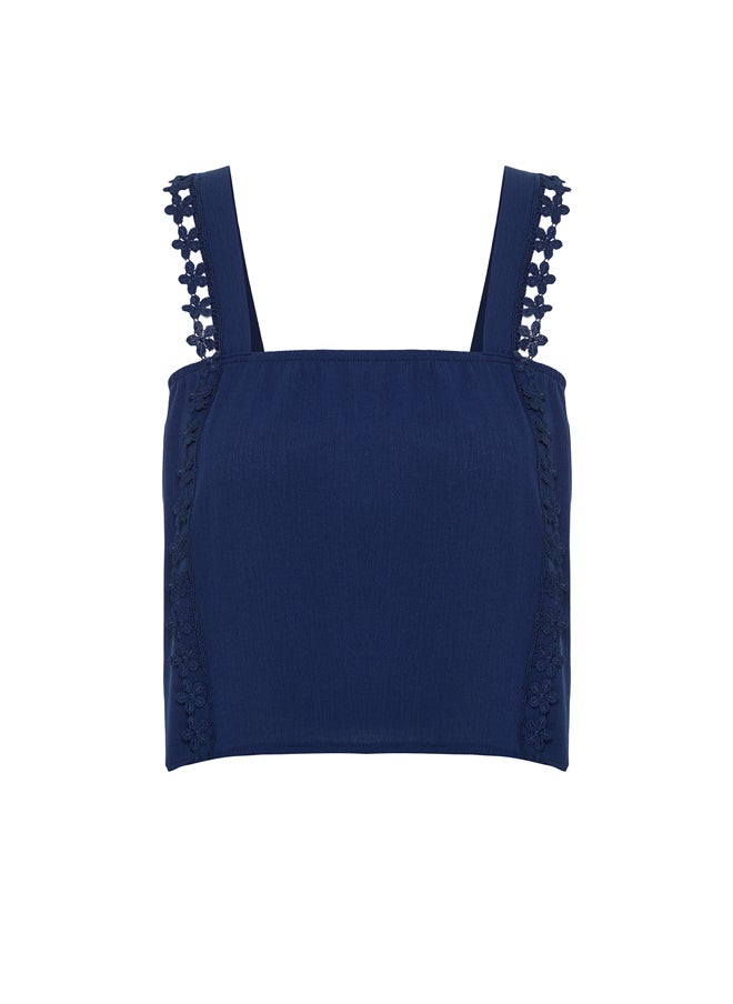 trendyol - Navy Blue Lace Detailed Crinkle Woven Blouse TWOSS24BZ00024 - Image 1