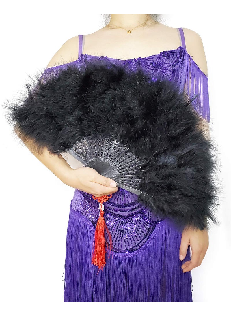 HAPPY FEATHER Happy Feather Handheld Marabou Feather Fan 1920s Vintage Style Flapper Hand Fan for Costume Party and DancingBlack 