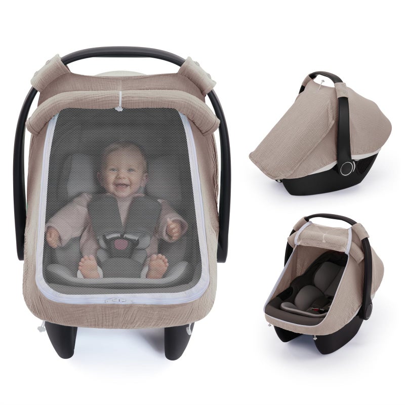 Blissful Diary Baby Car Seat Cover Extra Large Mesh Window Breathable Muslin Cotton Infant Windproof Canopy Agreeable Gray - Image 2