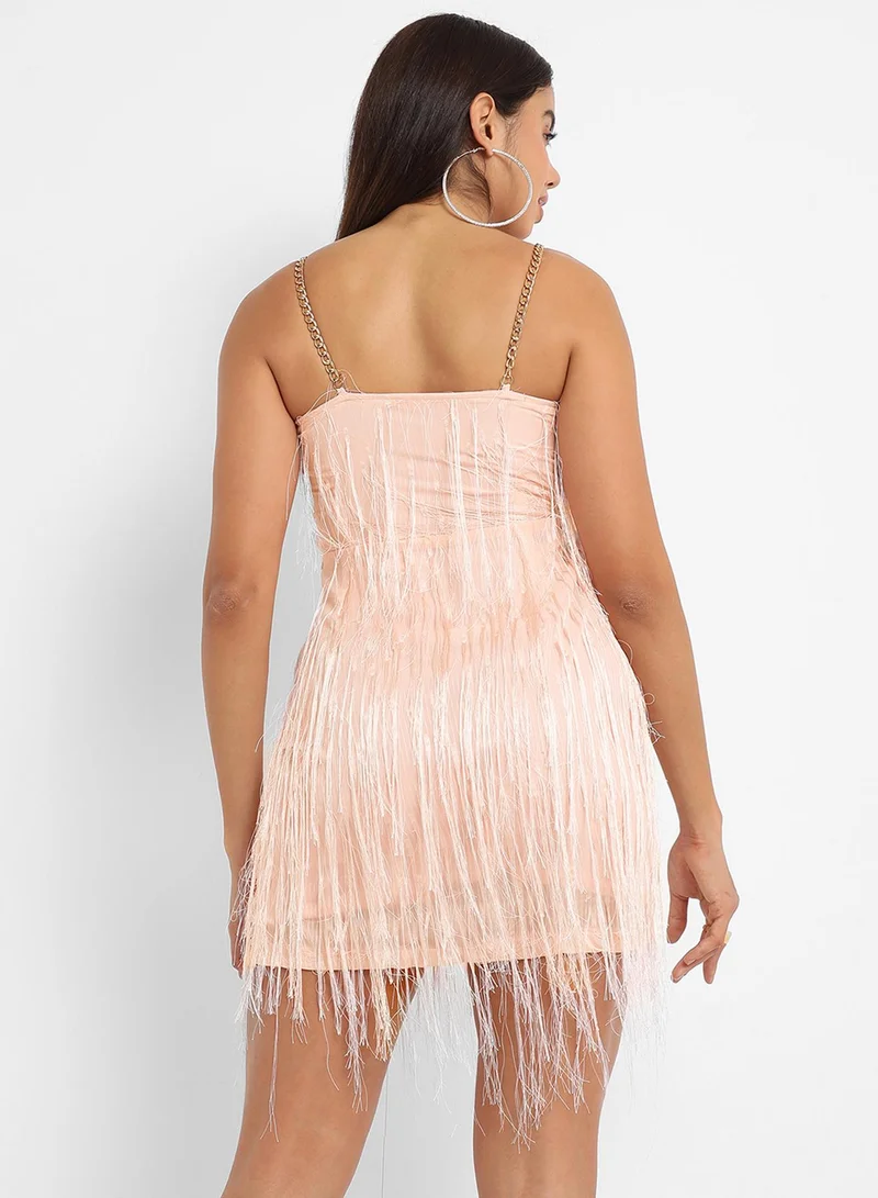 PINACOLADA Women's Beige Fringe Dress For Casual Wear | Spaghetti Strap | Sleeveless | Zipper Closure | Dress Designed With Comfort Fit For Woman & Girls