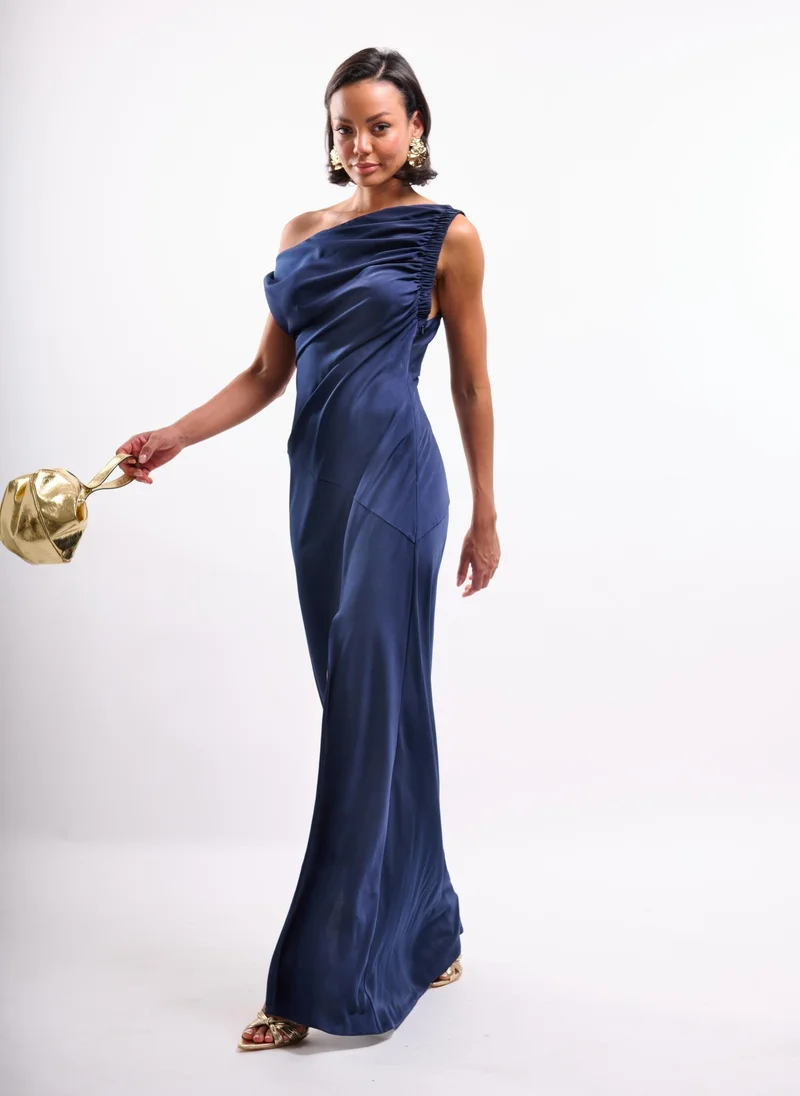 Faia navy blue Navy Maxi Dress with Split Leg and Fallen Shoulder for Women | Best Price UAE