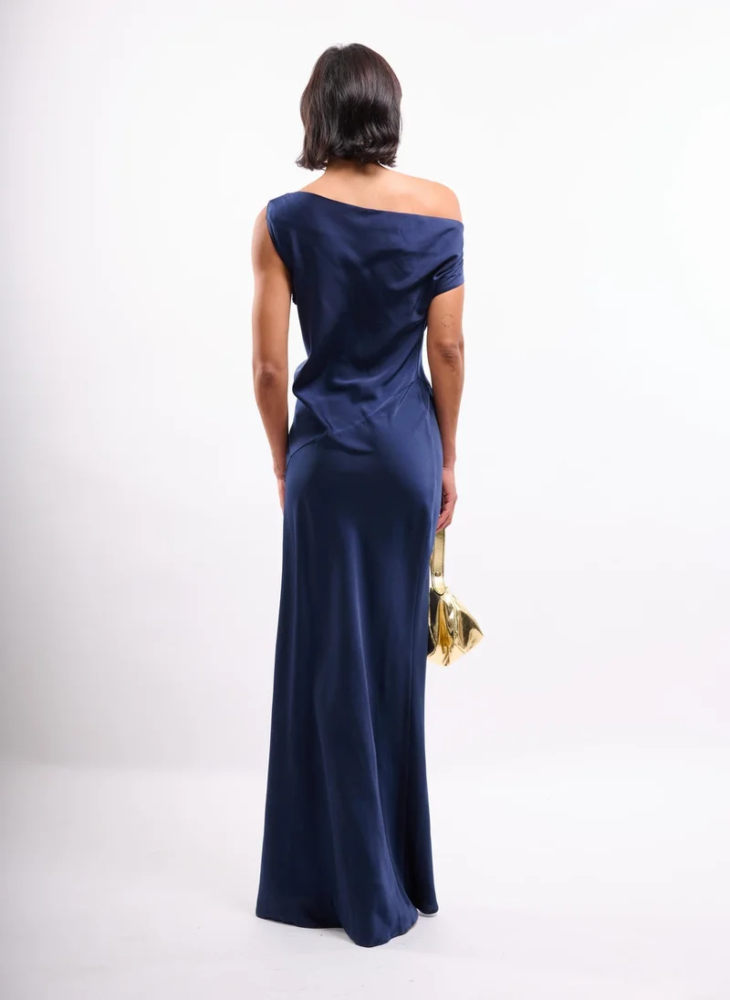 Faia navy blue Navy Maxi Dress with Split Leg and Fallen Shoulder for Women | Best Price UAE