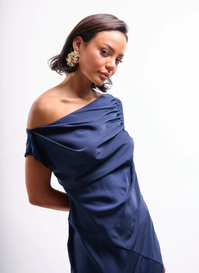 Faia navy blue Navy Maxi Dress with Split Leg and Fallen Shoulder for Women | Best Price UAE