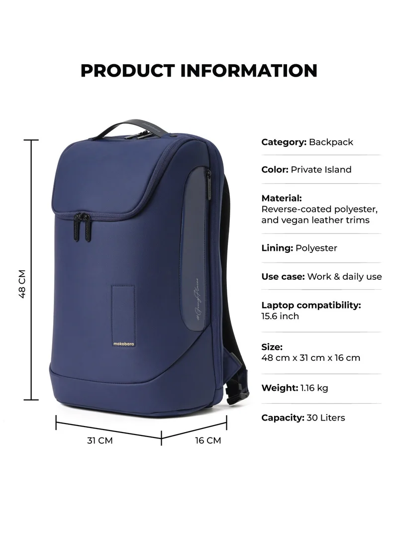 Mokobara Private Island Mokobara Transit Backpack 30L | Fits 16-inch Laptop | Premium Reverse-Coated Polyester | with Luggage Sleeve & 180Â° Clamshell Opening | Blue (Private Island)  | Best Price UAE