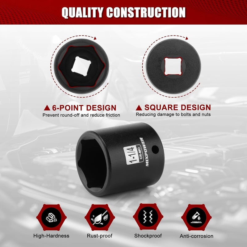 MIXPOWER 1/2" Drive Shallow Impact Socket, CR-MO, 1-1/4", 6 Point, Radius Corner Design, Axle Nut Impact Grade Socket for Easy Removal - Image 4