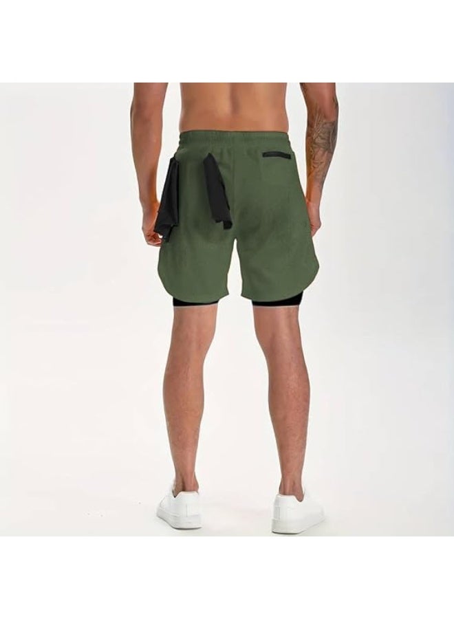 VITION Gym Shorts for Men, Men's Activewear Running Shorts,Drawstring Gym Shorts Men, 2 Layer Loose Athletic Shorts with 4 Pockets (Large, Green/Black) - Image 5