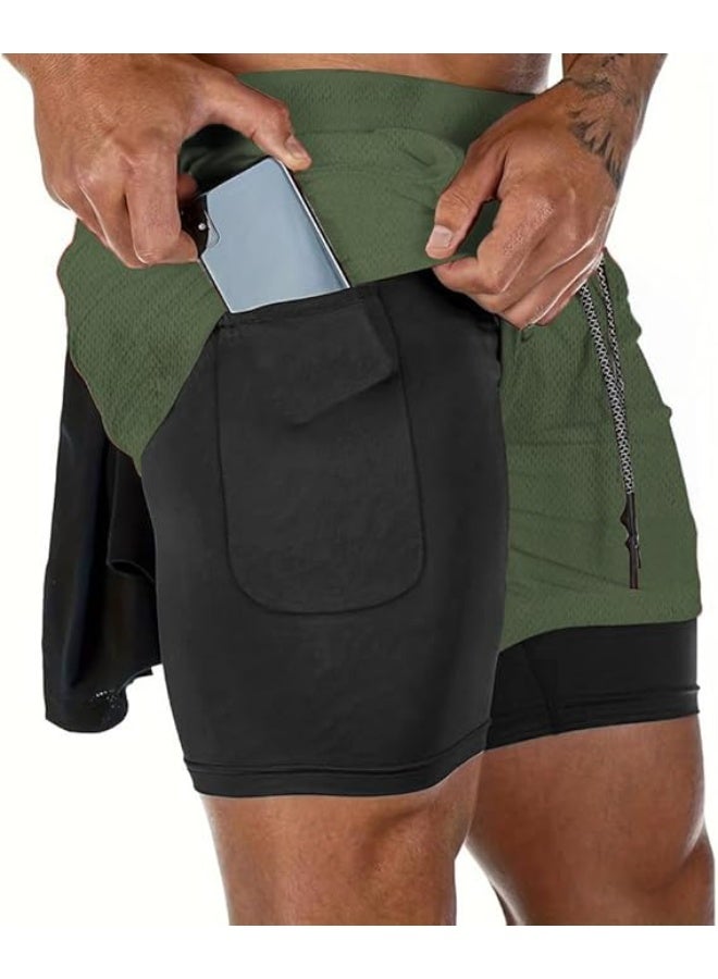 VITION Gym Shorts for Men, Men's Activewear Running Shorts,Drawstring Gym Shorts Men, 2 Layer Loose Athletic Shorts with 4 Pockets (Large, Green/Black) - Image 4