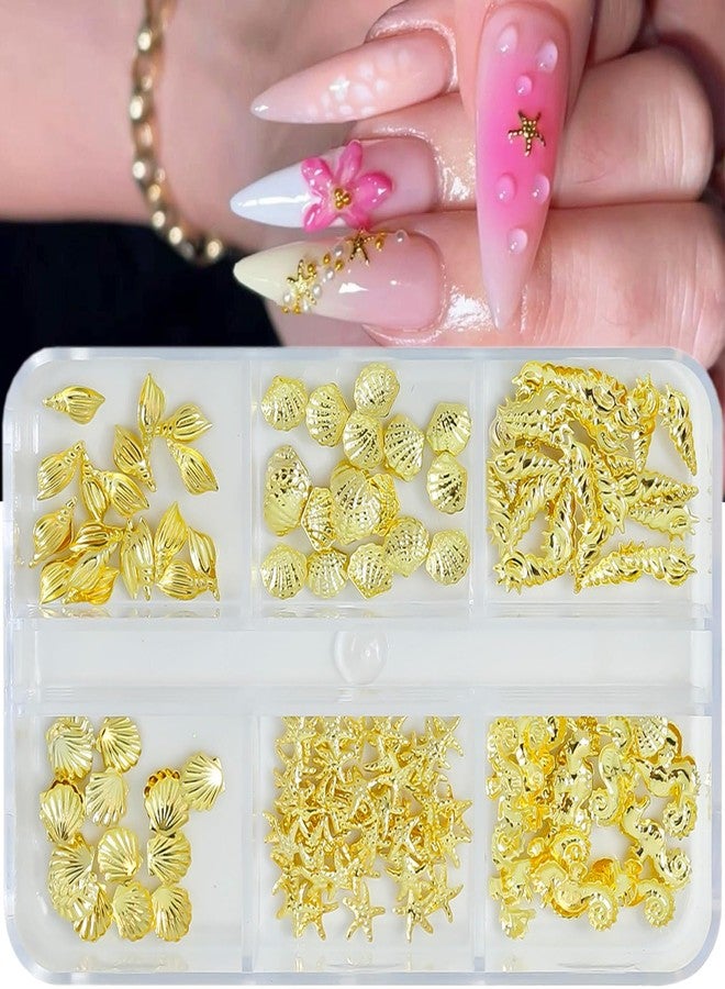 FDSQHSA 6 Grids Ocean Style Nail Charms and Gems Gold Conch Starfish Nail Rhinestones 3D Seahorse Seashell Nail Art Charms Flat Back Alloy Summer Beach Nail Art Rhinestones for Women Nail Decoration Designs - Image 5