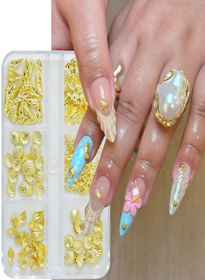 FDSQHSA 6 Grids Ocean Style Nail Charms and Gems Gold Conch Starfish Nail Rhinestones 3D Seahorse Seashell Nail Art Charms Flat Back Alloy Summer Beach Nail Art Rhinestones for Women Nail Decoration Designs - Image 1
