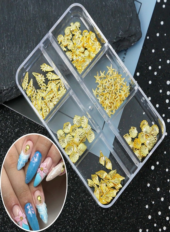 FDSQHSA 6 Grids Ocean Style Nail Charms and Gems Gold Conch Starfish Nail Rhinestones 3D Seahorse Seashell Nail Art Charms Flat Back Alloy Summer Beach Nail Art Rhinestones for Women Nail Decoration Designs - Image 3