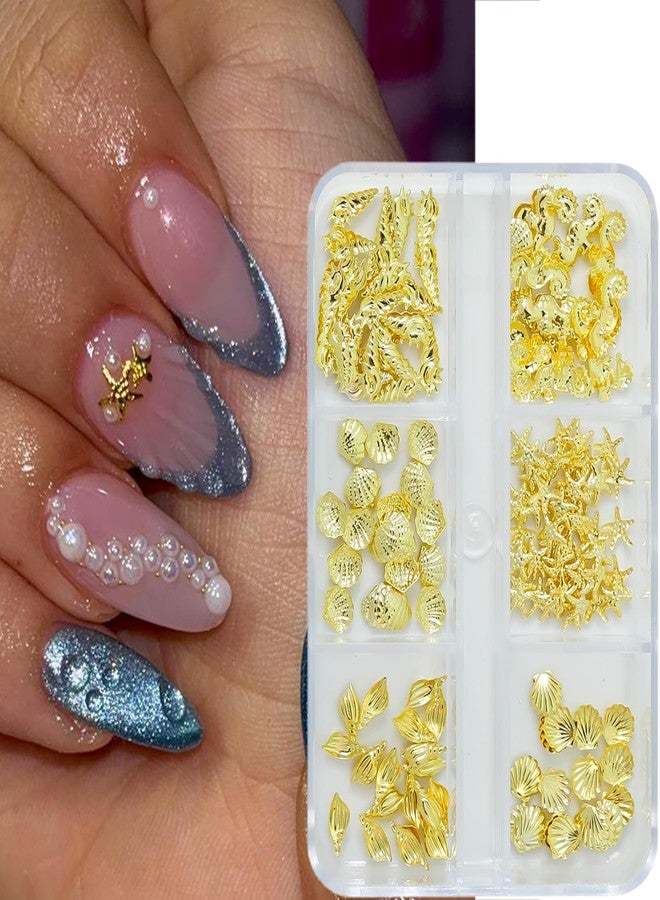 FDSQHSA 6 Grids Ocean Style Nail Charms and Gems Gold Conch Starfish Nail Rhinestones 3D Seahorse Seashell Nail Art Charms Flat Back Alloy Summer Beach Nail Art Rhinestones for Women Nail Decoration Designs - Image 2