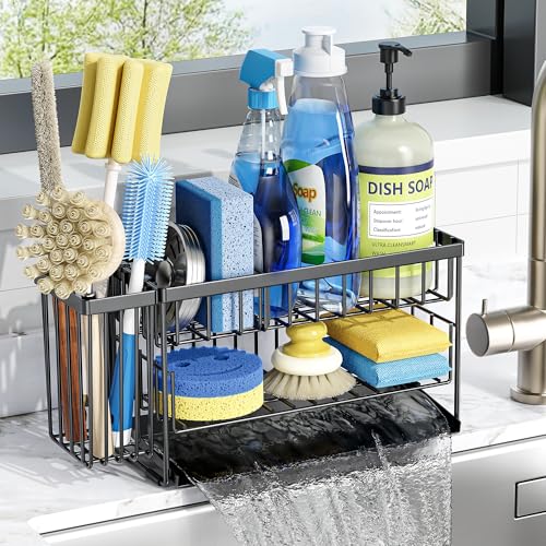 Cisily 2Tier Kitchen Sink Caddy Organzier Rack with Flexible Dish Brush Holder Sponge Holder for Kitchen Sink Countertop Organization StorageHome Decor Accessories Essentials Stainless Steel - Image 1