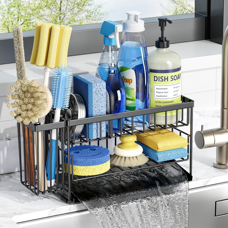 Cisily 2Tier Kitchen Sink Caddy Organzier Rack with Flexible Dish Brush Holder Sponge Holder for Kitchen Sink Countertop Organization StorageHome Decor Accessories Essentials Stainless Steel - Image 2