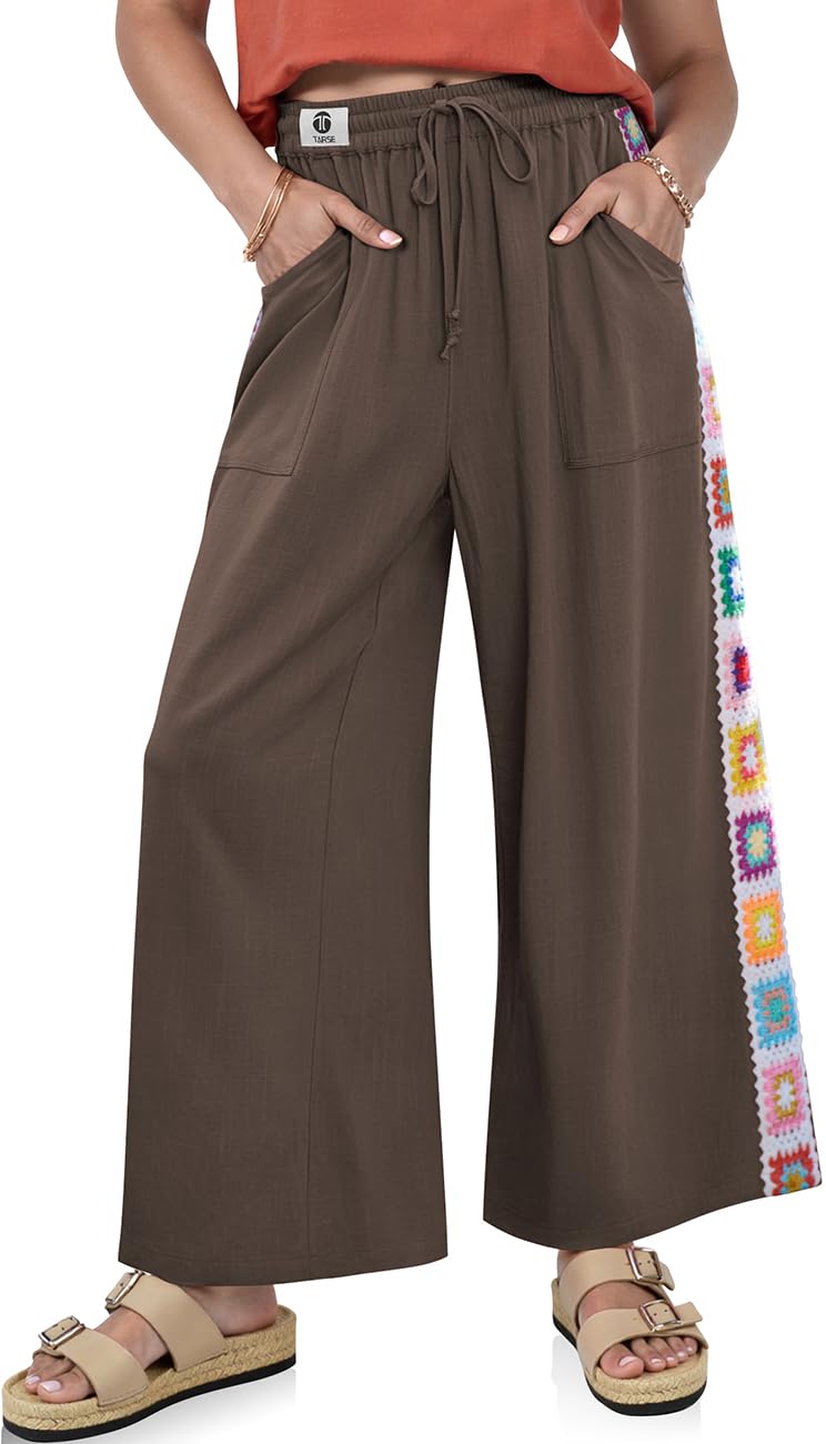 TARSE Womens Wide Leg Linen Pants Summer Casual Drawstring Loose Lounge Palazzo Crochet Panel Pant with Pocket(DarkCoffee, L) - Image 1