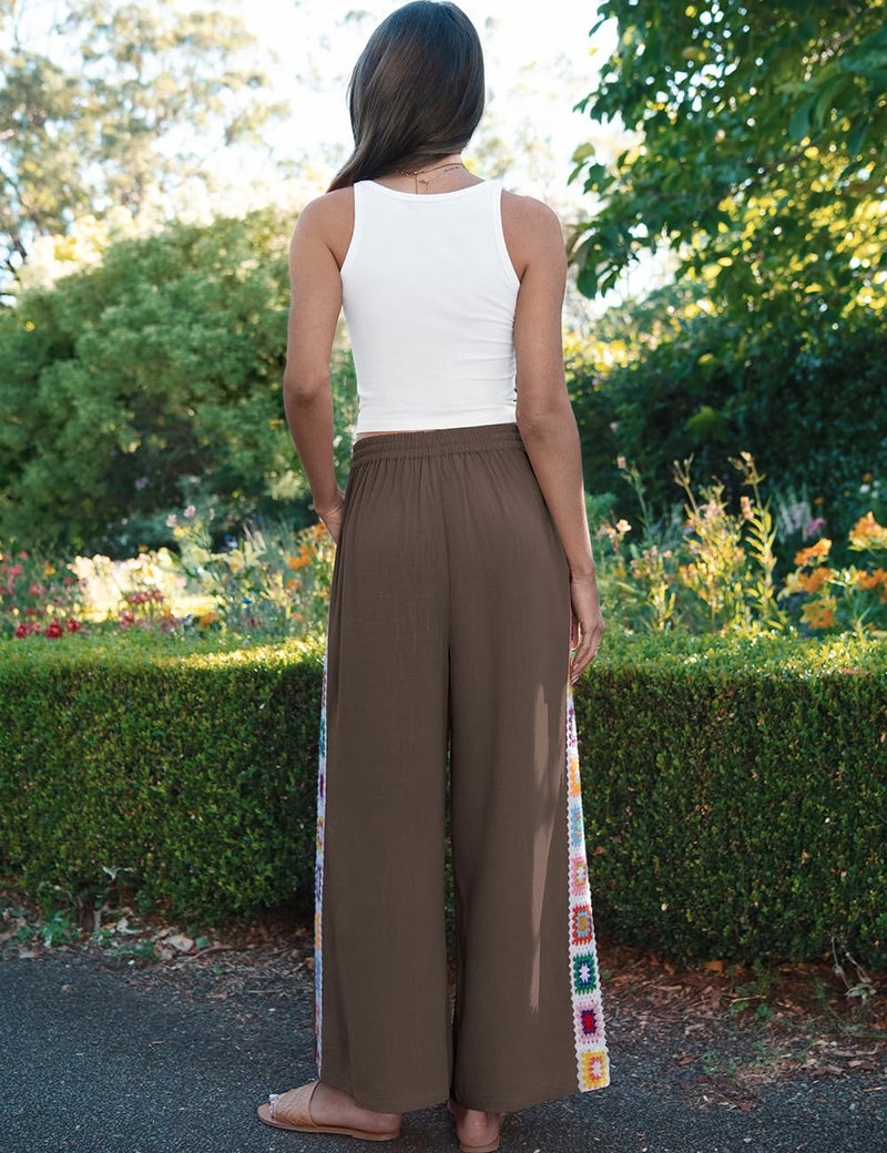 TARSE Womens Wide Leg Linen Pants Summer Casual Drawstring Loose Lounge Palazzo Crochet Panel Pant with Pocket(DarkCoffee, L) - Image 5