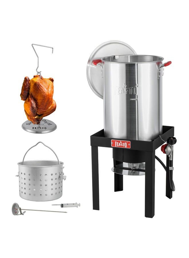 Feasto 30 QT Turkey Fryer Pot with Basket and Burner, Aluminum Crawfish Boiler Steamer with 50,000 BTUs Propane Gas Burner, Outdoor Cooker for Lobster, Crab, Shrimp Boiling and Turkey Frying - Image 1