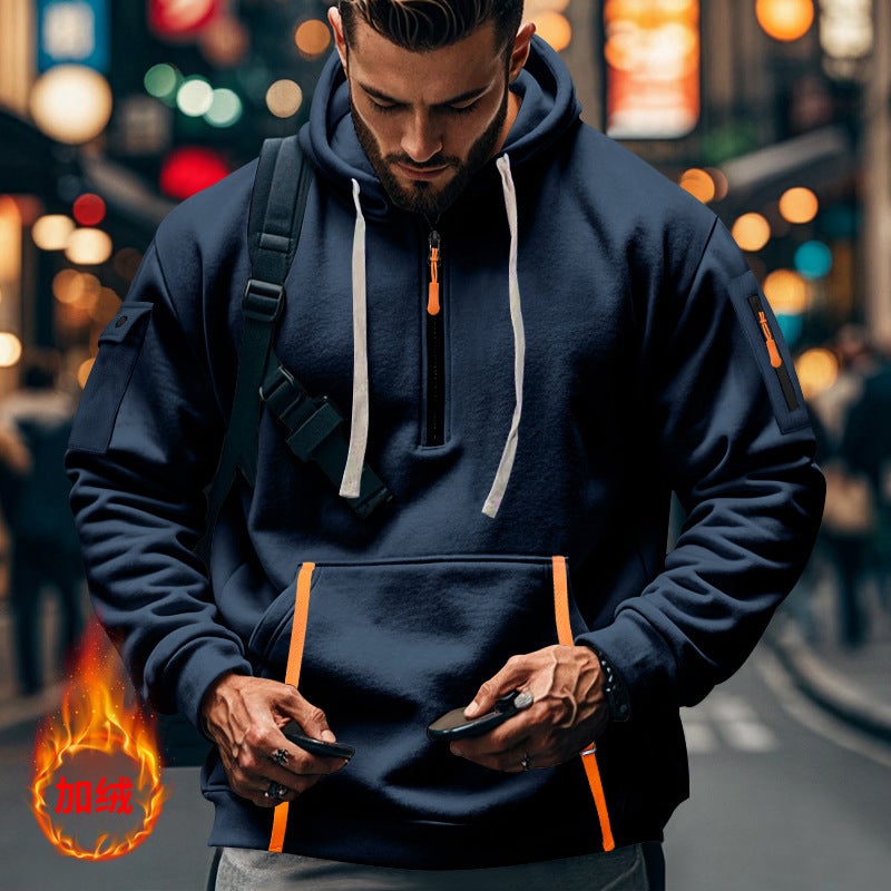 Men'S Fleece-Lined Sweater Hoodie Zipper Multi-Pocket Pullover Men'S Sports Casual Jacket - Image 2