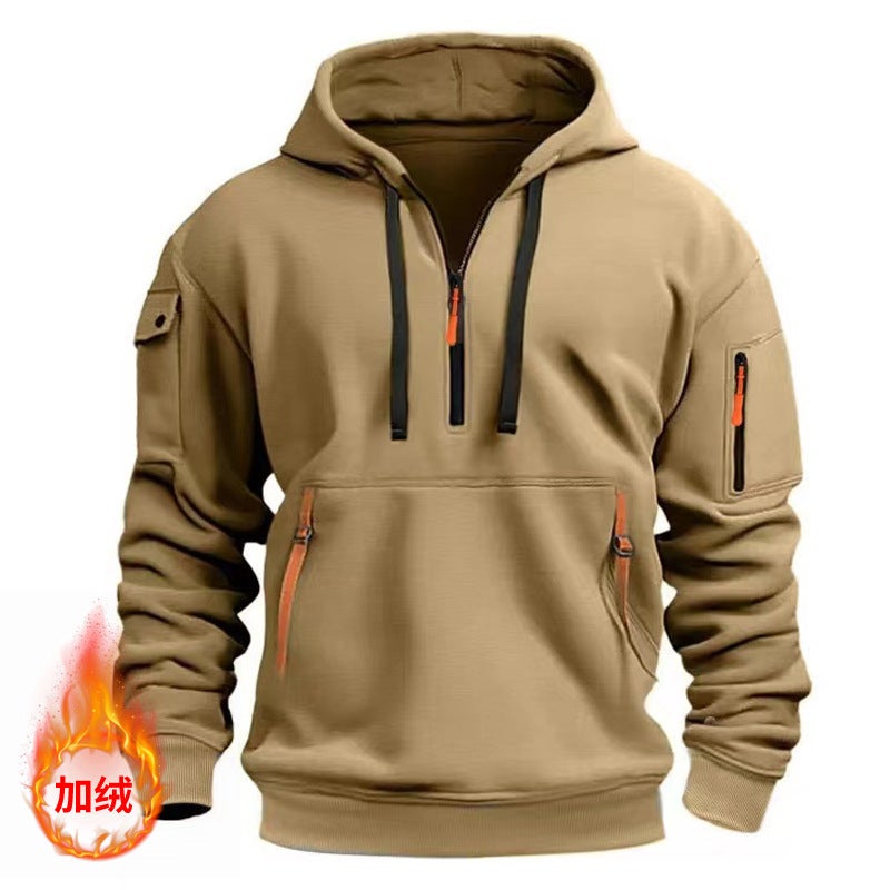 Men'S Fleece-Lined Sweater Hoodie Zipper Multi-Pocket Pullover Men'S Sports Casual Jacket - Image 1