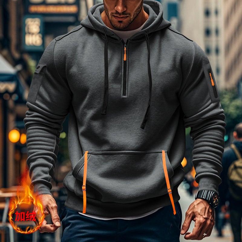 Men'S Fleece-Lined Sweater Hoodie Zipper Multi-Pocket Pullover Men'S Sports Casual Jacket - Image 5