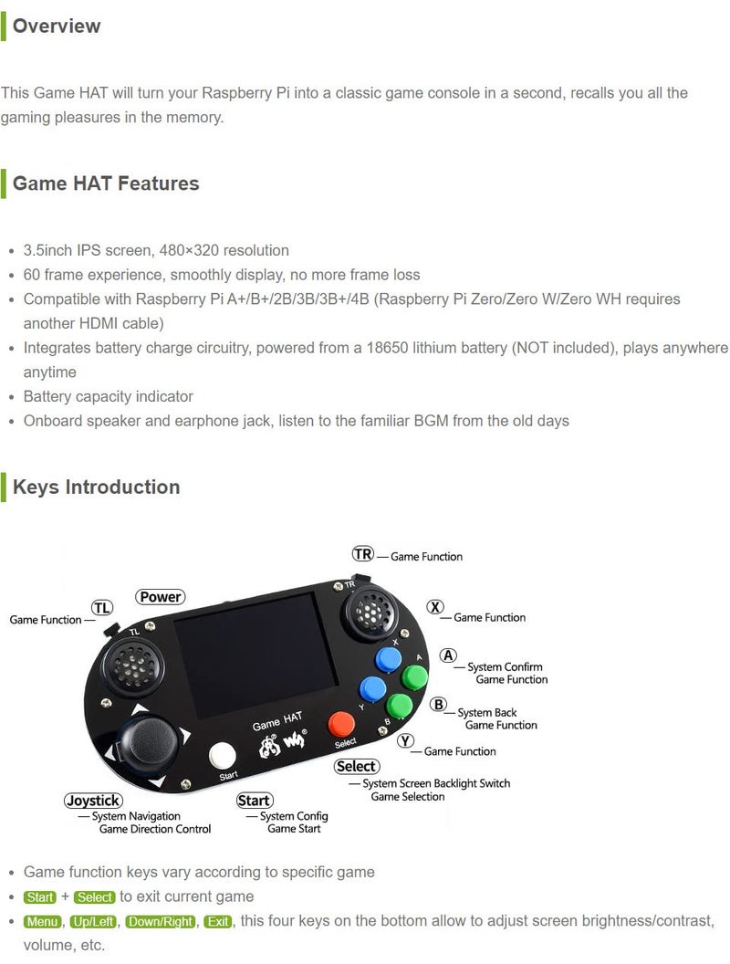 Waveshare Game HAT, Compatible with Raspberry Pi 4B/3B/3B+/Zero/Zero W/Zero WH, Retro Gaming Console wth 3.5inch IPS Screen, Joystick, and Buttons, 480×320, Onboard Speaker and Earphone Jack - Image 3
