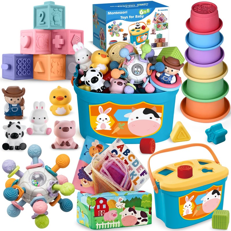 spring flower 6 In 1 Baby Toys, 6-12 months Baby Toys, 0-6 12-18 Montessori Toddler Gifts For Toddlers, Farm Animals Playset & Teething & Stacking Building Block Cup & Tissue Box & Sensory Bin For Development - Image 1