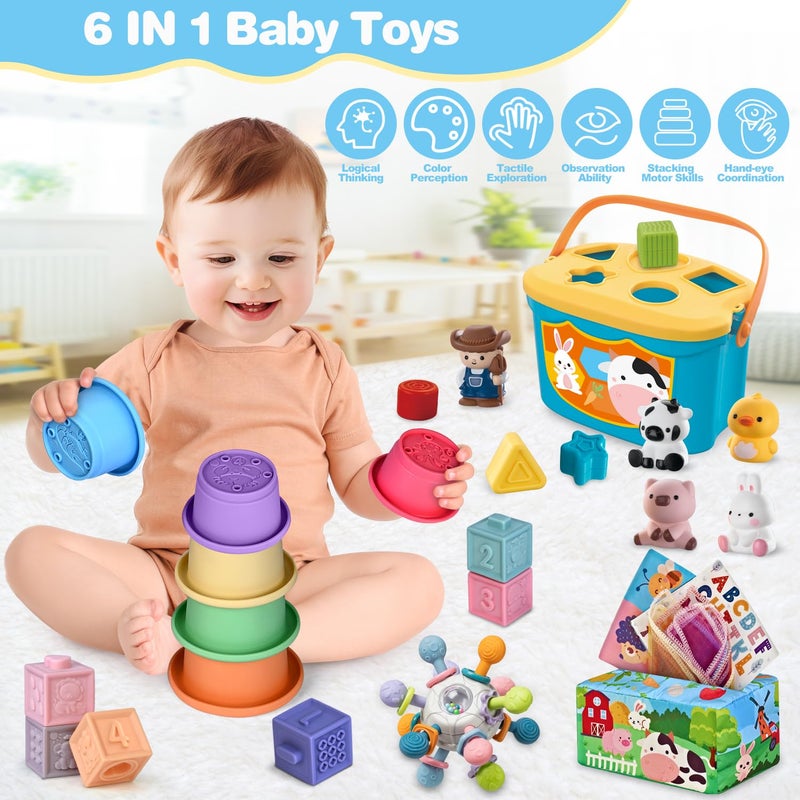 spring flower 6 In 1 Baby Toys, 6-12 months Baby Toys, 0-6 12-18 Montessori Toddler Gifts For Toddlers, Farm Animals Playset & Teething & Stacking Building Block Cup & Tissue Box & Sensory Bin For Development - Image 3