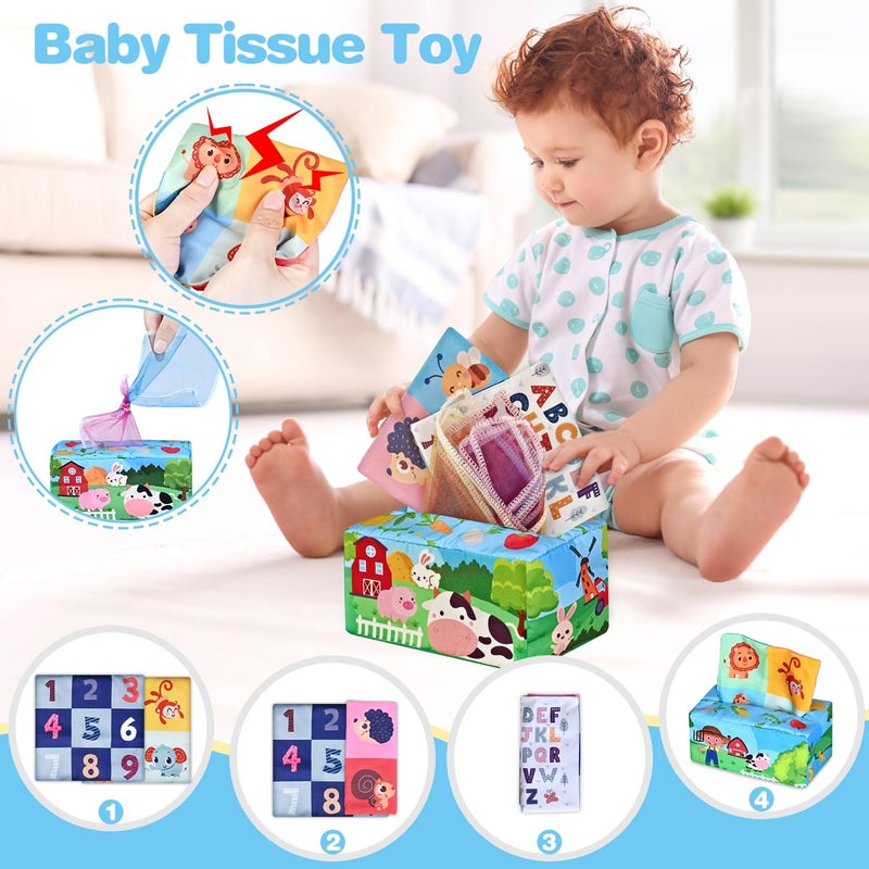spring flower 6 In 1 Baby Toys, 6-12 months Baby Toys, 0-6 12-18 Montessori Toddler Gifts For Toddlers, Farm Animals Playset & Teething & Stacking Building Block Cup & Tissue Box & Sensory Bin For Development - Image 4