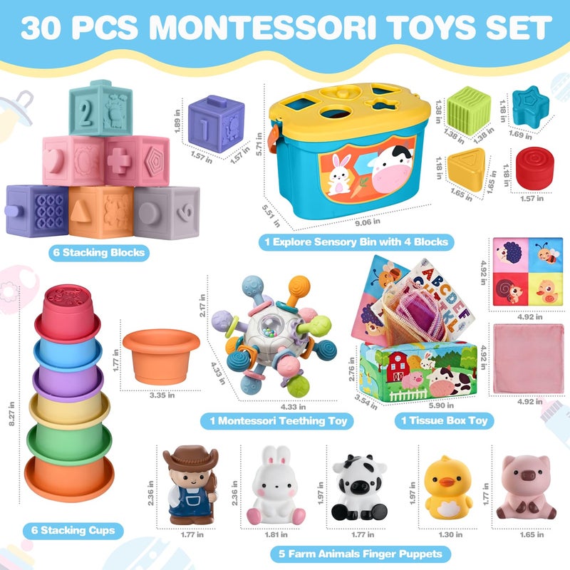 spring flower 6 In 1 Baby Toys, 6-12 months Baby Toys, 0-6 12-18 Montessori Toddler Gifts For Toddlers, Farm Animals Playset & Teething & Stacking Building Block Cup & Tissue Box & Sensory Bin For Development - Image 2