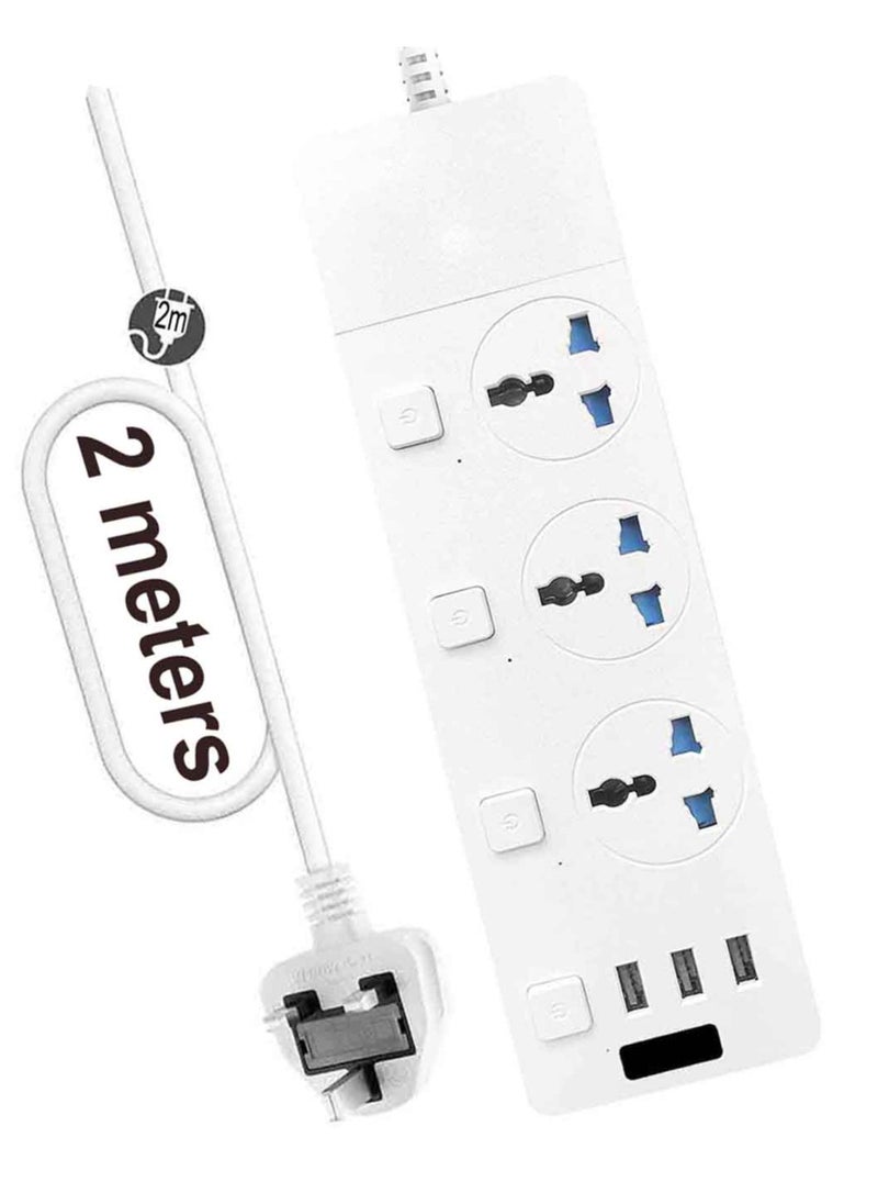 Beone Universal Plug Adapter Power Strips Extension Cord, 3 Outlets with 3 USB Ports Surge Protector, Charging Socket with 2 meters Bold Extension Cord 