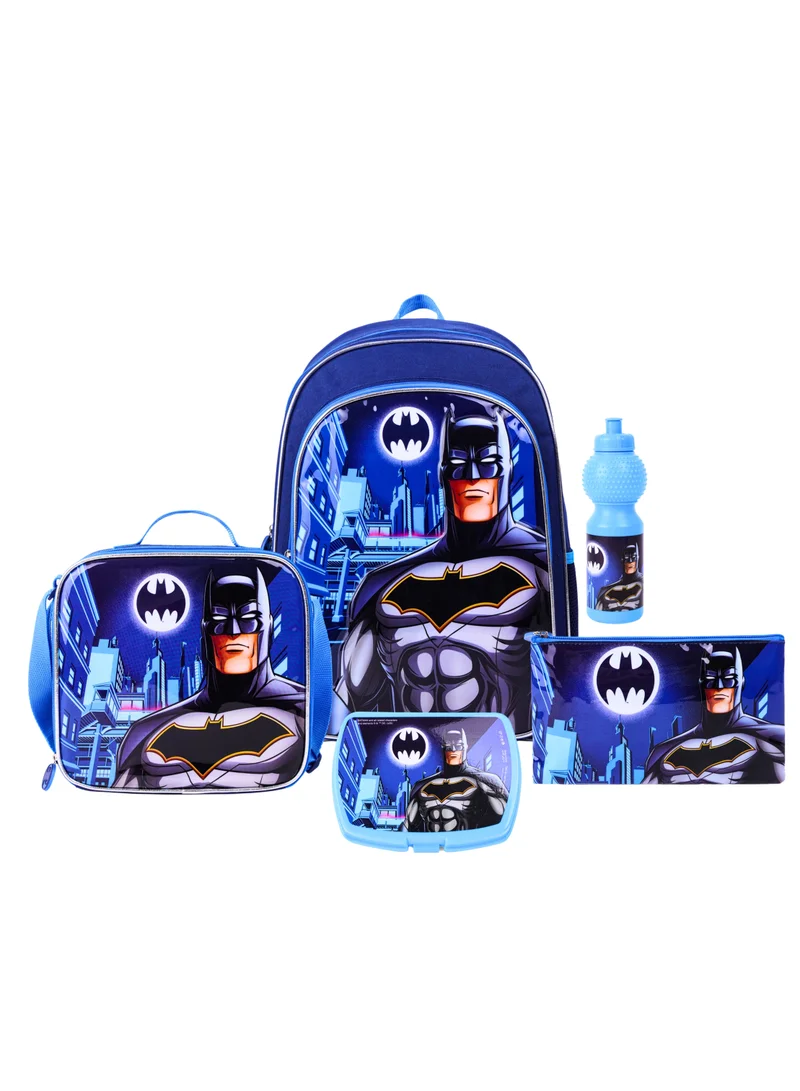 وارنر بروس Warner Bros. Batman Knight Hero 5In1 Backpack Set 18" I Backpack I Lunch Bag I Water Bottle I Pencil Case I Lunch Box I Packaging
