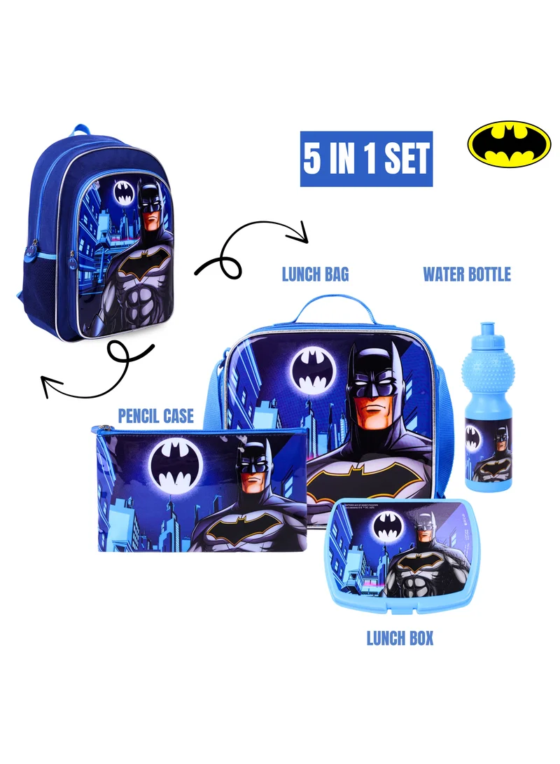 Warner Bros. Warner Bros. Batman Knight Hero 5In1 Backpack Set 18" I Backpack I Lunch Bag I Water Bottle I Pencil Case I Lunch Box I Packaging