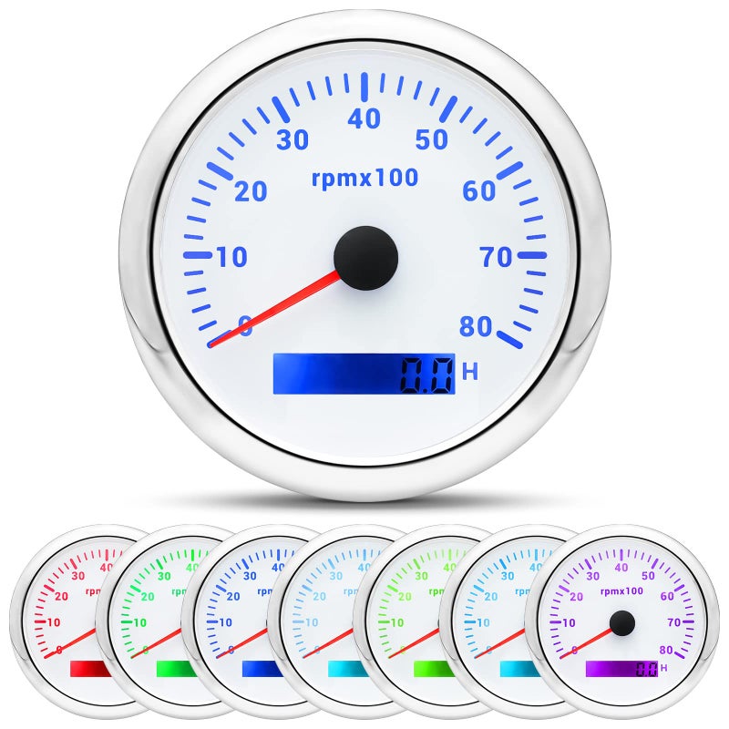 ARTILAURA Tachometer Boat Tacometro 85mm 338 7 Color LED 8000 RPM Gauge for Car AUTO Marine Truck 932V White